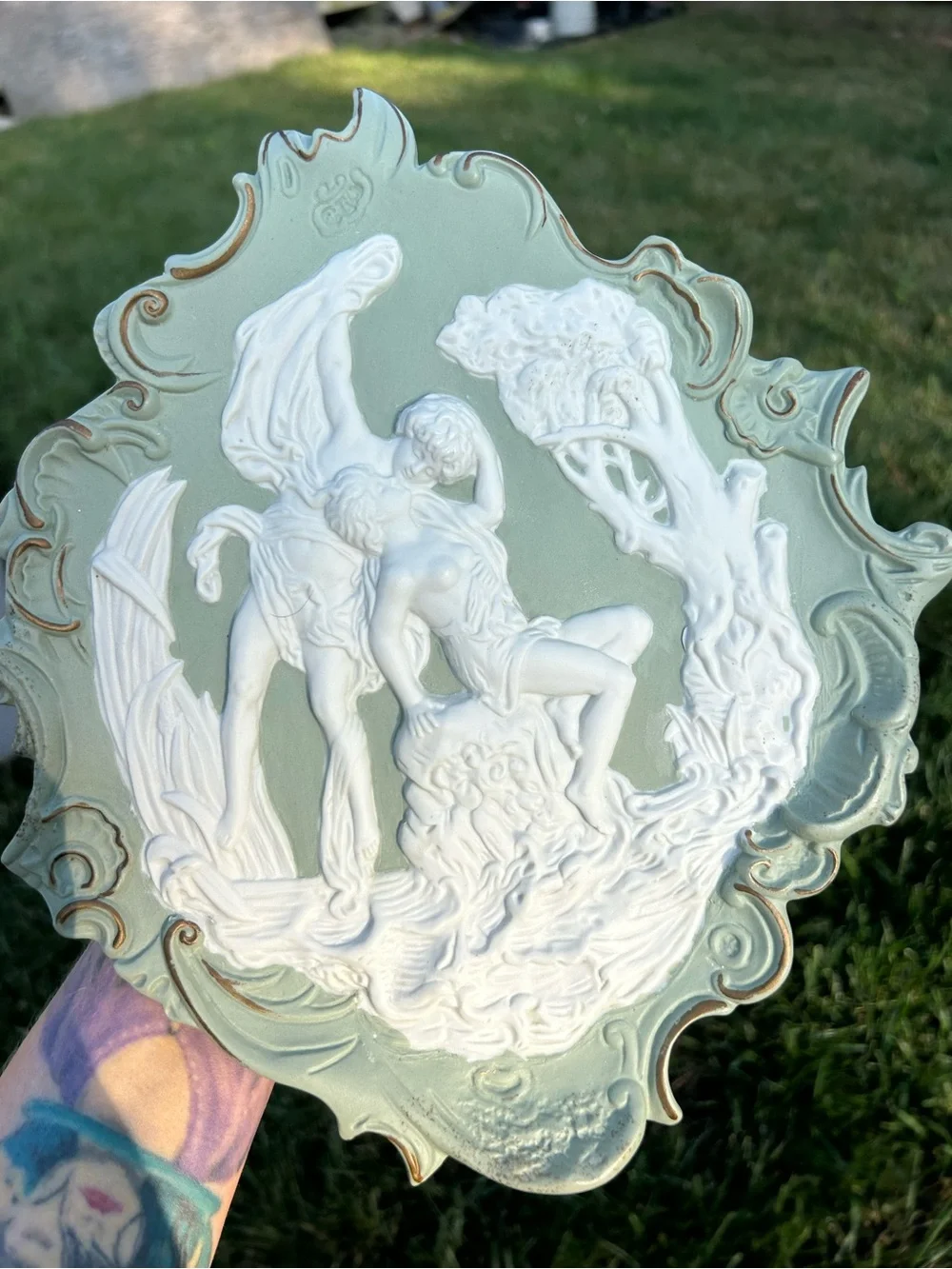 Volkstedt Jasperware Plaque: Kissing Lovers, Germany -Cherubs  Flowers vintage